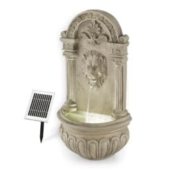Löwenstein Wandbrunnen Gartenbrunnen Solar 2W LED Polyresin Steinoptik -Haushaltsgerätegeschäft 10031400 yy 0005 front Blumfeldt Loewenstein Wandbrunnen 2W Steinoptik