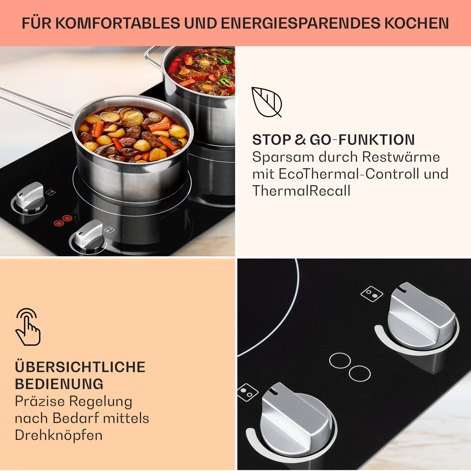 EasyCook Domino Keramikkochfeld 3000W Drehregler Schwarz 6 EasyCook Domino Keramikkochfeld 3000W Drehregler Schwarz – Bild 4