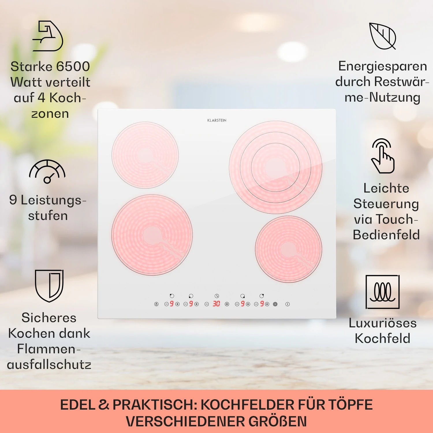 Virtuosa 4 Einbaukochfeld 4 Zonen 6500W Glaskeramik 4 Virtuosa 4 Einbaukochfeld 4 Zonen 6500W Glaskeramik – Bild 2