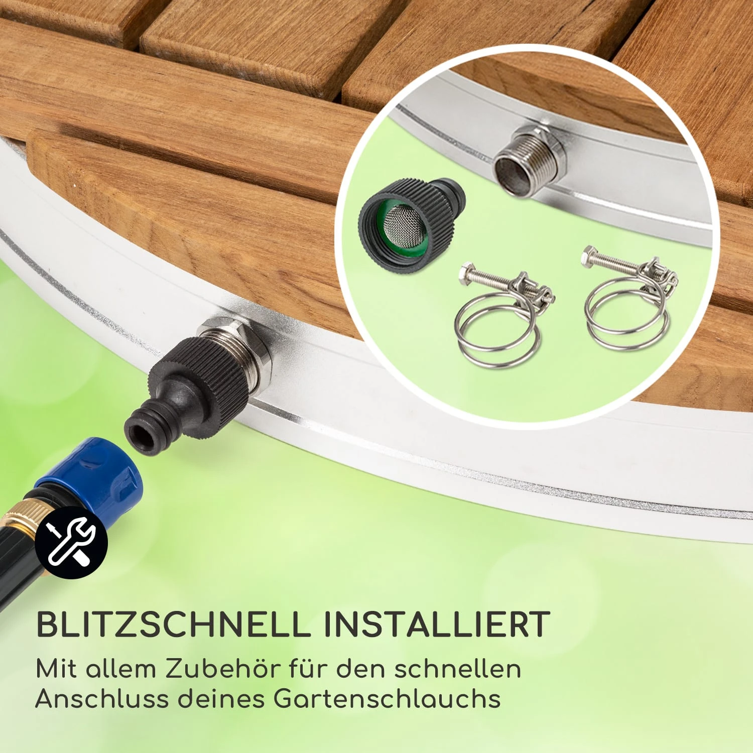 Sumatra Teak Round Gartendusche Aluminium Teakholz Tragegriff 7 Sumatra Teak Round Gartendusche Aluminium Teakholz Tragegriff – Bild 5