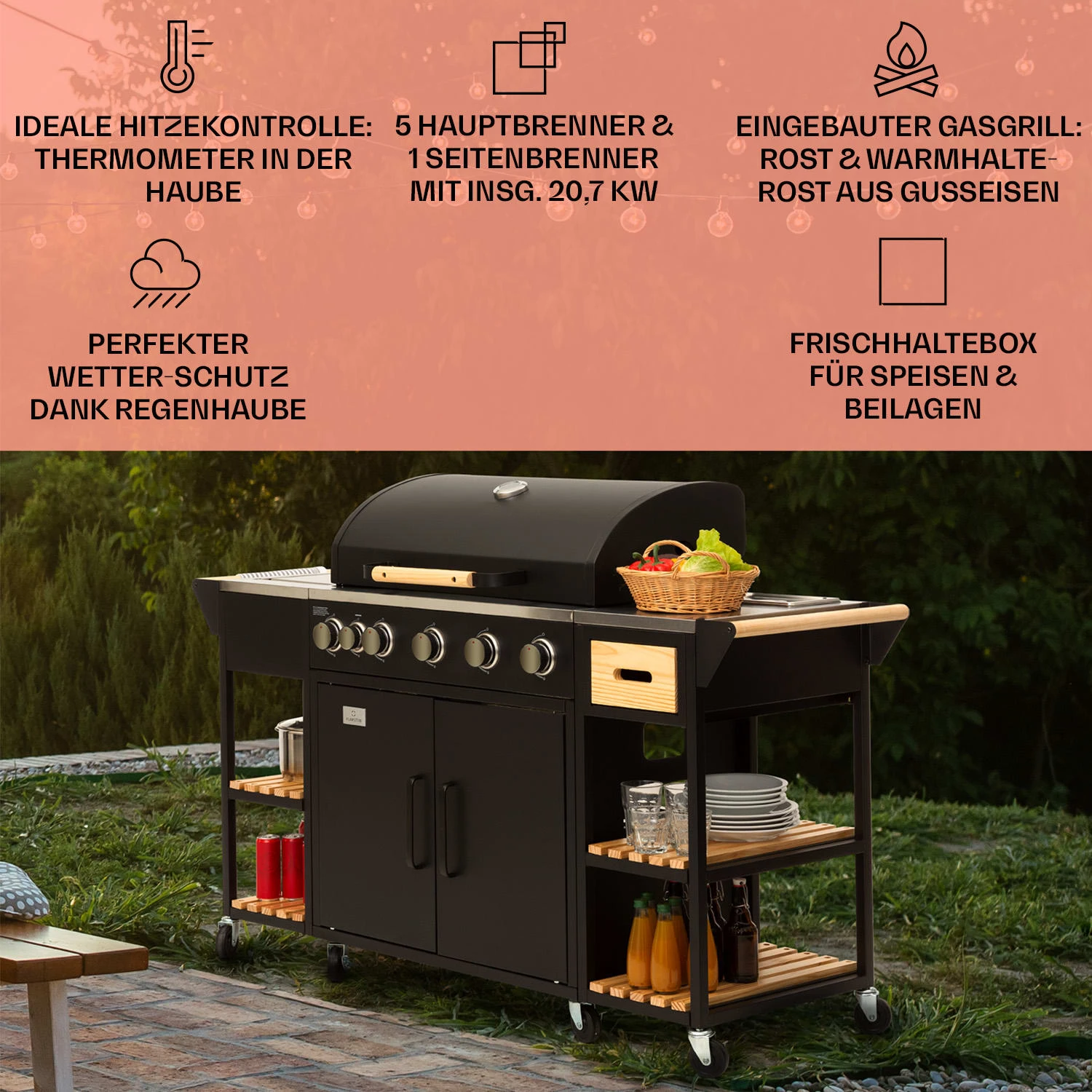 Jersey Outdoor Kitchen Gasgrill 20,7 KW 5+1 Brenner Mobil Regenschutz 4 Jersey Outdoor Kitchen Gasgrill 20,7 KW 5+1 Brenner Mobil Regenschutz – Bild 2